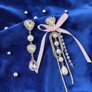 Mismatch asymmetrical Crystal Bow Heart and Pearl Drop Boutiquw Earrings